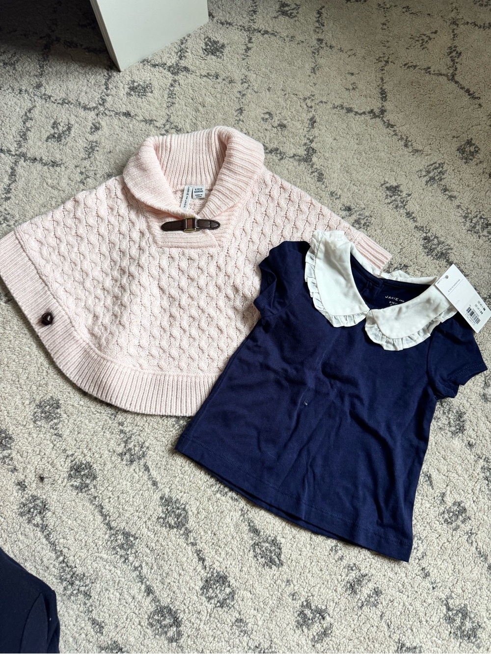Janie and Jack Navy Peter Pan Collar Tee & Pink Knit Poncho